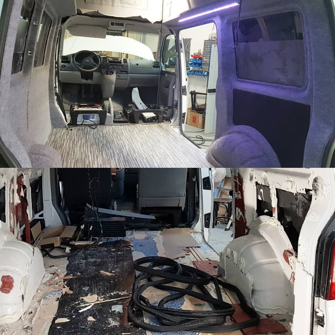 VW T5 im Vergleich, links die Seitenwand ohne Verkleidung, rechts verkleidet mit B4F Carpet-Filz