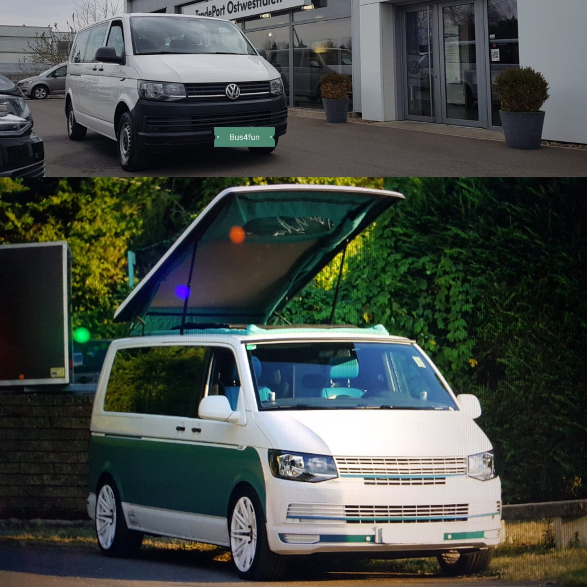 VW T6 vor dem Umbau als Serienkombi und nach dem Umbau als Camper im Vergleich