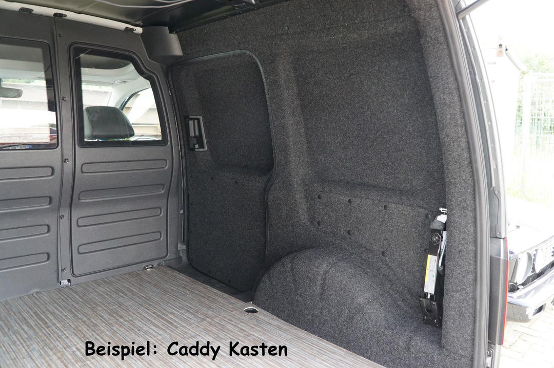 Verkleideter Laderaum im VW Caddy Kasten, Seitenwand und Radkasten in Anthrazit