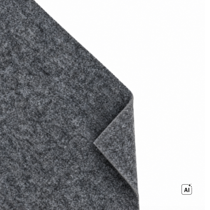 Carpet-Filz in Steingrau mit umgeschlagener Ecke, Nahaufnahme der Oberfläche auf weißem Grund
